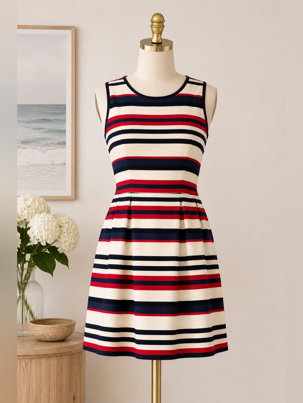 J.Crew Red Navy Ivory Stripe Fit & Flare Dress Sleeveless Pockets 8 - Picture 2 of 10